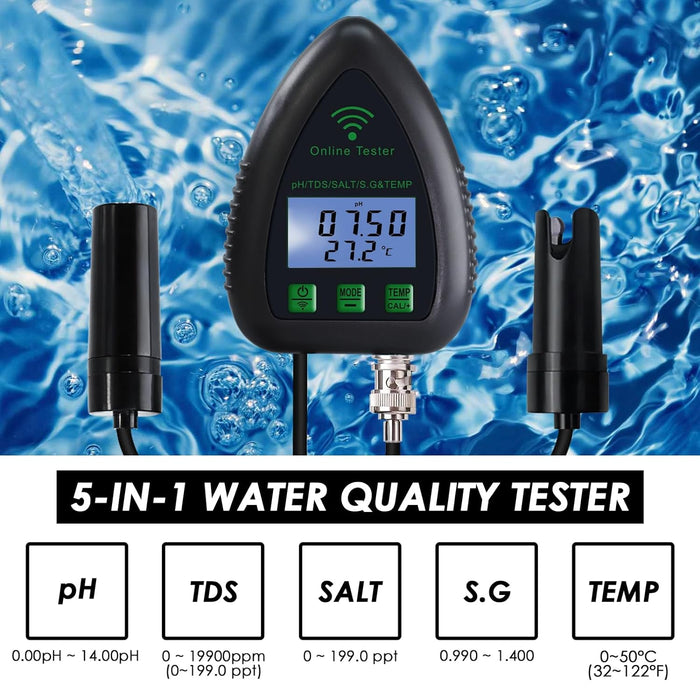 5-in-1 Water Quality Tester with Data Logging and Alarm